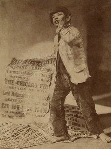Pozowany obraz gazeciarza wołającego wiadomość o pożarze Chicago z 1871 r., 1871 r.